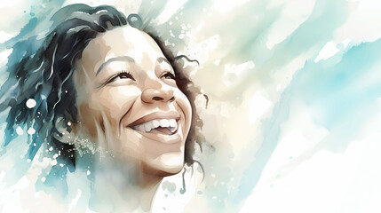 Natural beauty happy and smiling middle aged African American woman surrounded with splashes of water and enjoying this refreshing feeeling, watercolor illustration (Generative AI). Skin and haircare  - 586275576