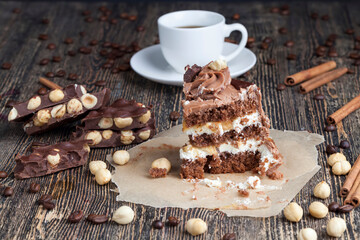 Sweet cake with chocolate cakes and salted caramel with nuts