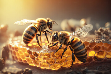 Bees bring pollen into the apiary. Generative ai - obrazy, fototapety, plakaty