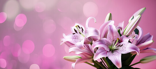 Fototapeta na wymiar Lily flowers bouquet on a pink background.Border design, generative AI tools 