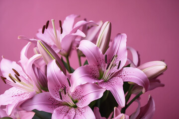Lily flowers bouquet on a pink background.Border design, generative AI tools 
