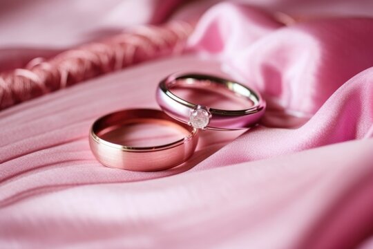 Gold wedding rings with pink silk background