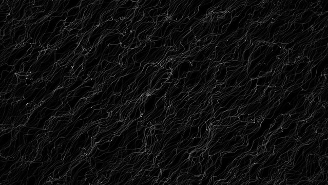 A diagonal stream of white wriggling threads on a black background. Cosmic phenomenon. Mixing wavy threads in erratic dynamic movement. Smooth flow. 60 fps 3D render.