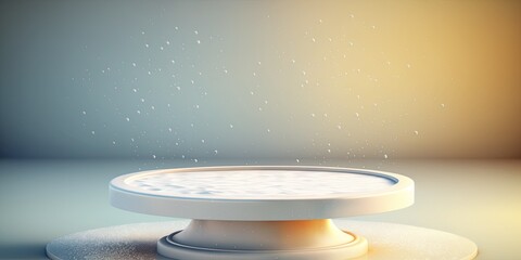 Empty podium, mock up placement display, blank beauty stand for cosmetic product fashion ads on minimal winter snow background. Luxury pedestal stage mockup scene platform ai generative concept.