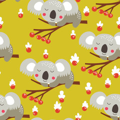 Obraz premium Seamless pattern with cute koala baby on color background. Funny australian animals. Card, postcards for kids. Flat vector illustration for fabric, textile, wallpaper, poster, paper