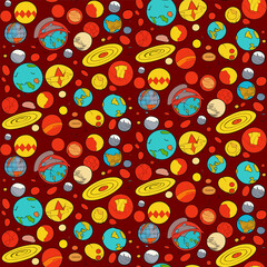 Vector space seamless  half-drop pattern with planets and stars