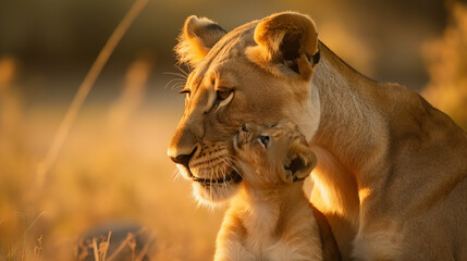 A lioness grooming her cub Protective. Generative Ai