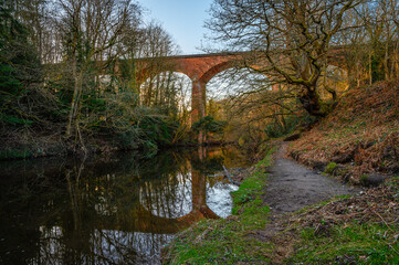 Fototapeta na wymiar Derwent Walk Viaduct above River Derwent, formed by the meeting of two burns in the North Pennines and flows between the boundaries of Durham and Northumberland as a tributary of the River Tyne