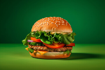 Fresh hamburger bun with pieces of vegetable in half as a healthy food concept against green background. Generative Ai