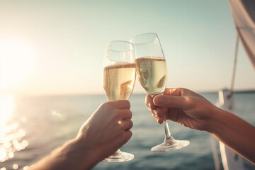 Happy friends with glasses of champagne on yacht. Generative Ai