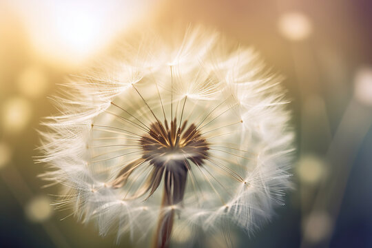 Close - up image of a dandelion seed head with a wide aperture. Generative Ai