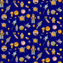 Obraz premium Vector space seamless half-drop pattern with planets and stars