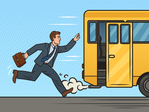 man is late for the bus and runs after it pinup pop art retro vector illustration. Comic book style imitation.