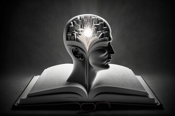 A book with a human head inside, digital art, brain city art, dramatic reading pose spell book, book of justice. Human head silhouette filled, light bulb, books inside. Generative AI