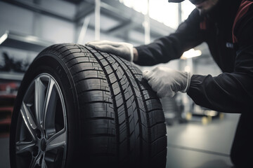 tire at repairing service garage background. Technician man replacing winter and summer tire for safety road trip. Transportation and automotive maintenance concept. Generative ai