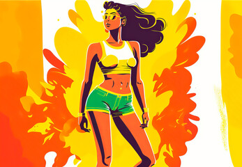 Woman wearing jean shorts on a vibrant background, representing the concept of self-confidence and body positivity. Stylized symbolic style with bright color palette. Generative AI