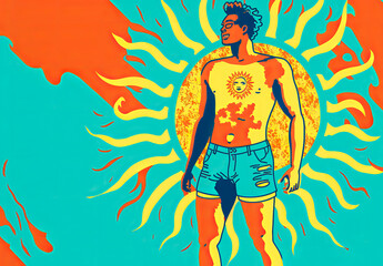 A man wearing jean shorts against a vibrant, energetic background symbolizes self-confidence and a bright color palette reflects energy and excitement. Generative AI