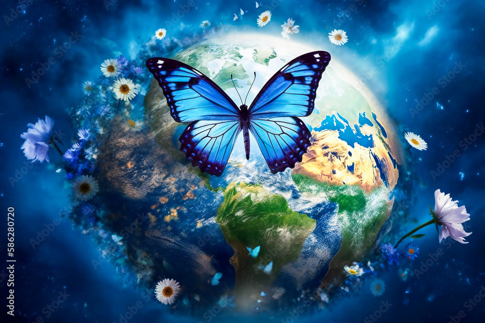 Wall mural a blue butterfly standing on planet earth, surrounded by flowers. peace, tranquility, serenity and n