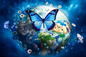 Fototapeta na wymiar A blue butterfly standing on planet Earth, surrounded by flowers. Peace, tranquility, serenity and nature recovering concept.Created with Generative AI technology.