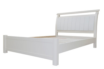 painted white double wooden bed with upholstered leather headboard, on isolated background