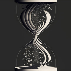 Abstact illustration of time and space with simple shapes and clean lines. A limited color pallette of blues, purples and yellow emphasizing the concept of temporal loops. Generative AI