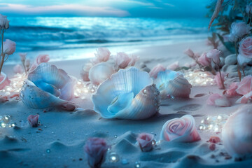 Fototapeta na wymiar Dream landscape on a sandy beach with shells, flowers, pearls and little luminous glass spheres. Dream and meditation concept. Created with Generative AI technology.