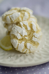 Delicious citrusy lemony snack, crunchy cracked lemon crinkle cookies coated with powdered sugar on white plate close up selective focus 