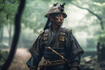 Obraz premium Medieval Japan lone samurai in a green forest. Created with Generative AI technology.