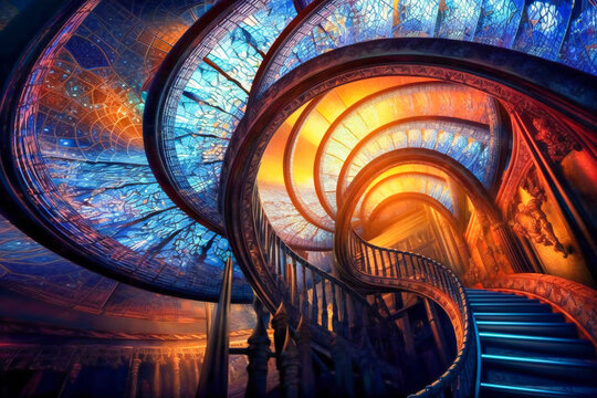 Fantasy big hall in heaven or in a spiritual dimension. Deep spiritual dimensions and life after death concept. Created with Generative AI technology.