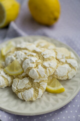 Delicious citrusy lemony snack, crunchy cracked lemon crinkle cookies coated with powdered sugar on white plate close up selective focus 
