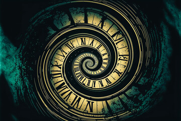 Concept of time travel represented by an intriguing clock-shaped spiral vortex. Realistic style with vibrant colors to emphasize the idea of a mysterious journey. Generative AI