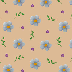 Spring seamless pattern with flowers on pastel background. Beige pattern with blue flowers. Vector illustration.