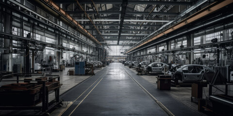 Fototapeta na wymiar Interior of factory with assembly line for modern cars. Generative AI