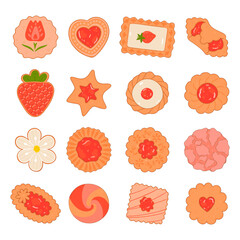 Set of top view strawberry cookies isolate on white background. Vector graphics.