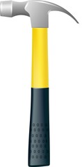 Hammer with a rubberized yellow handle. Hammer and nail puller, two in one. Industrial workers tool. Equipment for repair, contract and locksmith work. 
