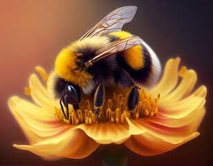 Marco bee pollinating and covered in beautiful flower pollen.Generative Ai