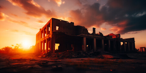 Fototapeta premium Abandoned Collapsed Building. Sunset