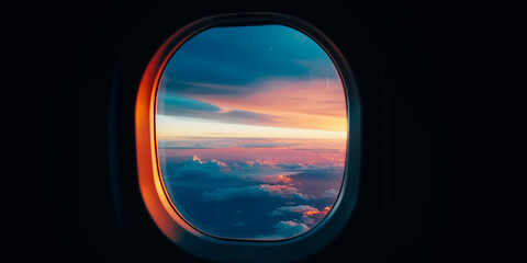 Airplane window with a view of blue sky with clouds