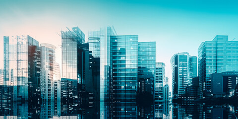 Double exposure, luxury modern highrise buildings and the city can use for business and finance background