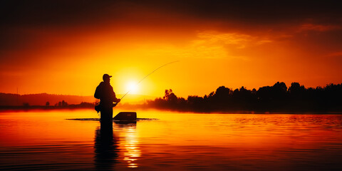 Naklejka na ściany i meble Fishing background. Fisherman catching on a lake. 
