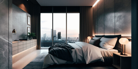 Grey and wooden sleeping room, bed on grey marble floor, side view. 