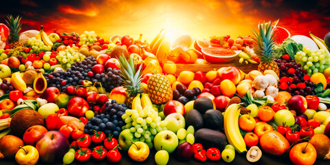 Obraz na płótnie Canvas Large fruit colorful panoramic background of fresh and healthy vegetables and fruits