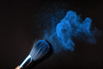 brush on black background, makeup brush isolated on black color background with blue color face powder