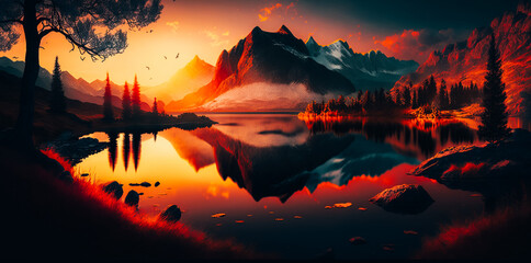 Majestic sunrise of the mountains landscape