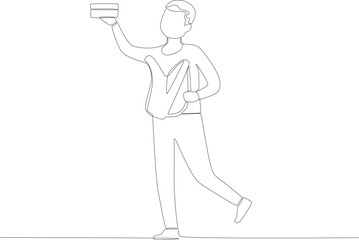 A child shows his lunch box to his friend. Lunch at school one line drawing