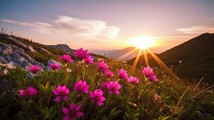 Naklejka na ściany i meble Beautiful pink flowers on mountains at sunset Generative AI