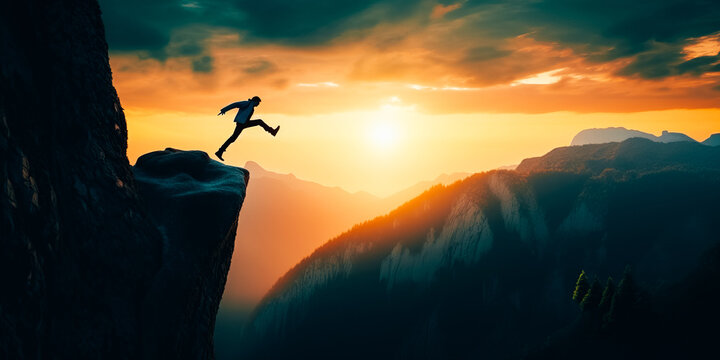 Man jumping over precipice between two rocky mountains at sunset.  