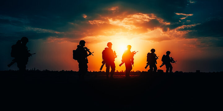 Military silhouettes of soldiers against the backdrop of sunset sky