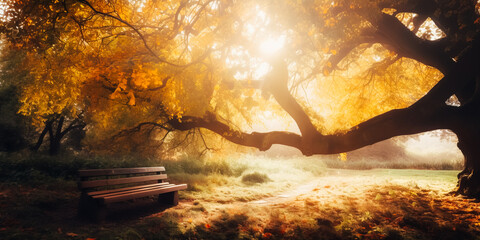 Panorama of bench under old oak trees at misty autumn morning with sunbeams