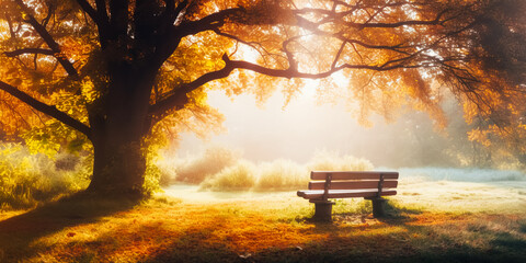 Panorama of bench under old oak trees at misty autumn morning with sunbeams 1 - obrazy, fototapety, plakaty